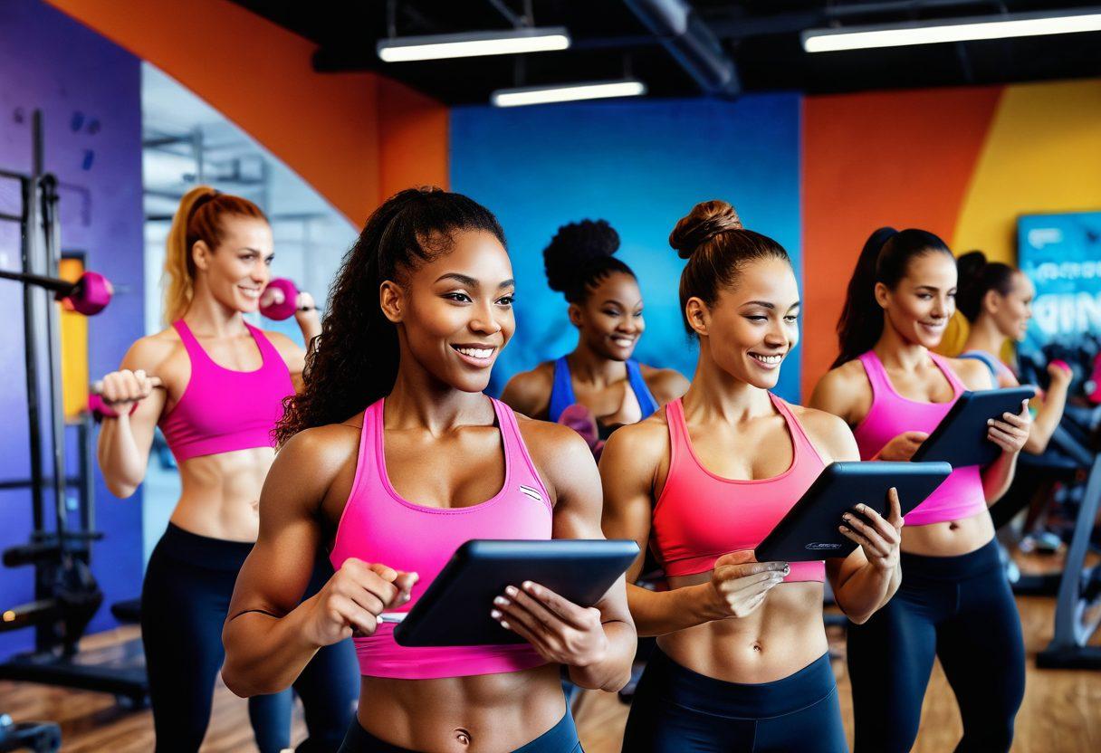 A diverse group of empowered women engaged in various fitness activities, showcasing strength and determination in a vibrant gym setting. Include personalized workout plans on digital tablets in their hands, and motivational quotes on the walls. Make the scene dynamic with strong colors and active poses, radiating positivity and empowerment. super-realistic. vibrant colors. 3D.
