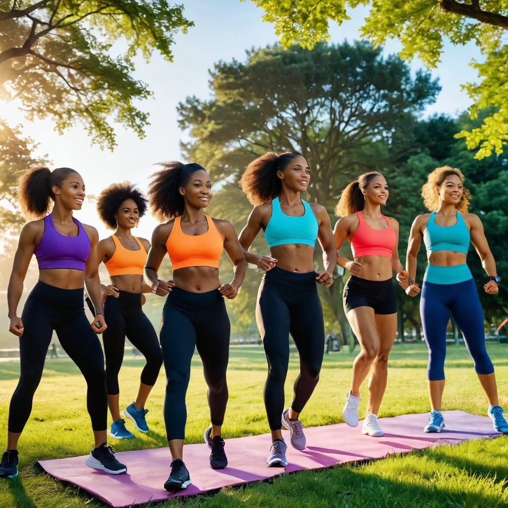 An energetic scene depicting a diverse group of individuals engaging in various workout routines outdoors, showcasing strength and vitality. Include vibrant colors, dynamic poses, and an inspiring backdrop of nature such as a sunrise or a lush park. Highlight customized workout gear and an array of fitness equipment. Emphasize empowerment through expressions of joy and determination. super-realistic. vibrant colors. outdoor setting.