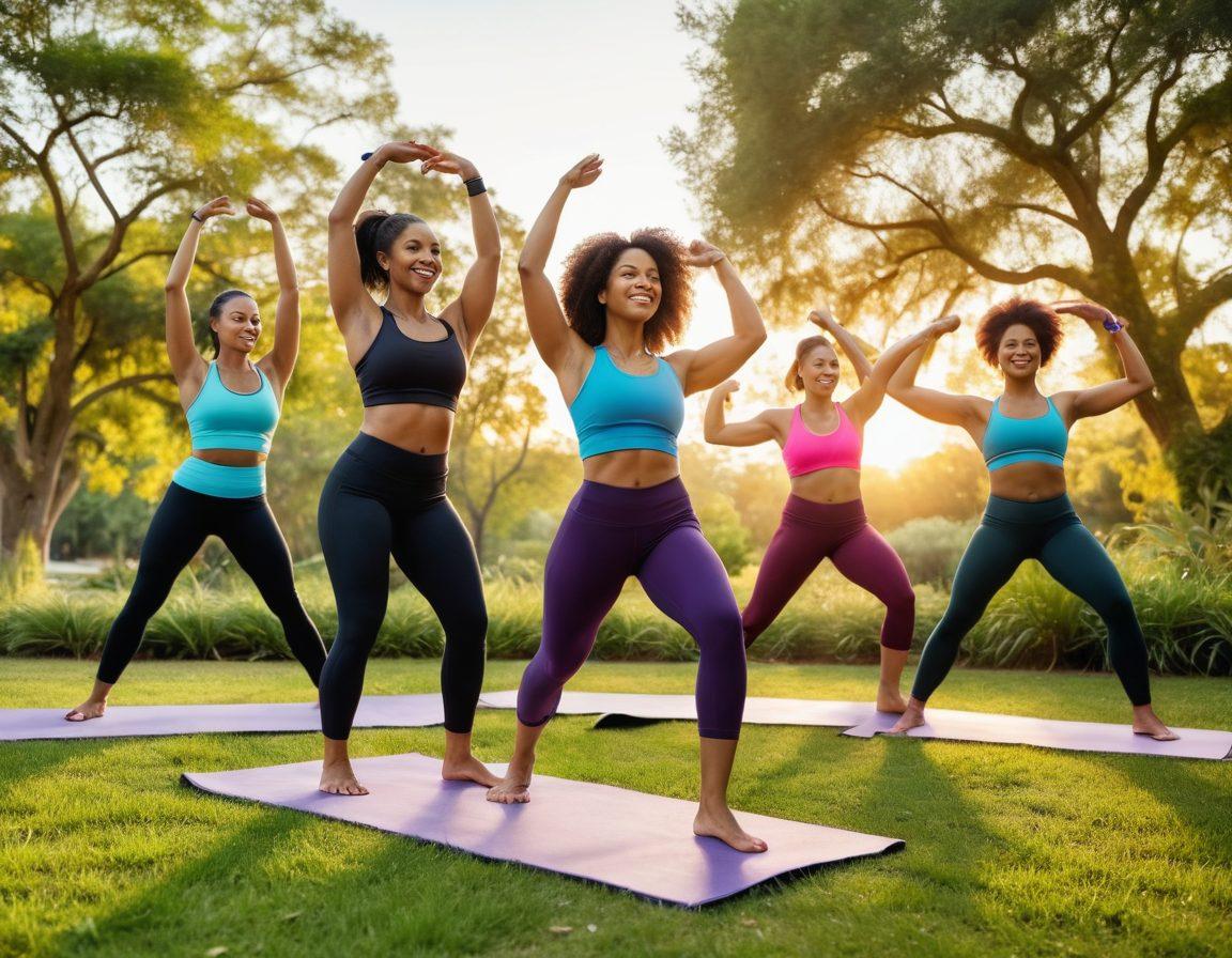 A diverse group of strong women engaged in group fitness exercises in a lush park, showcasing unity and empowerment. Their expressions radiate joy and determination, while vibrant workout gear adds a pop of color against a serene backdrop. Include elements such as yoga mats, weights, and a sunset sky to emphasize energy and camaraderie. super-realistic. vibrant colors. outdoor setting.